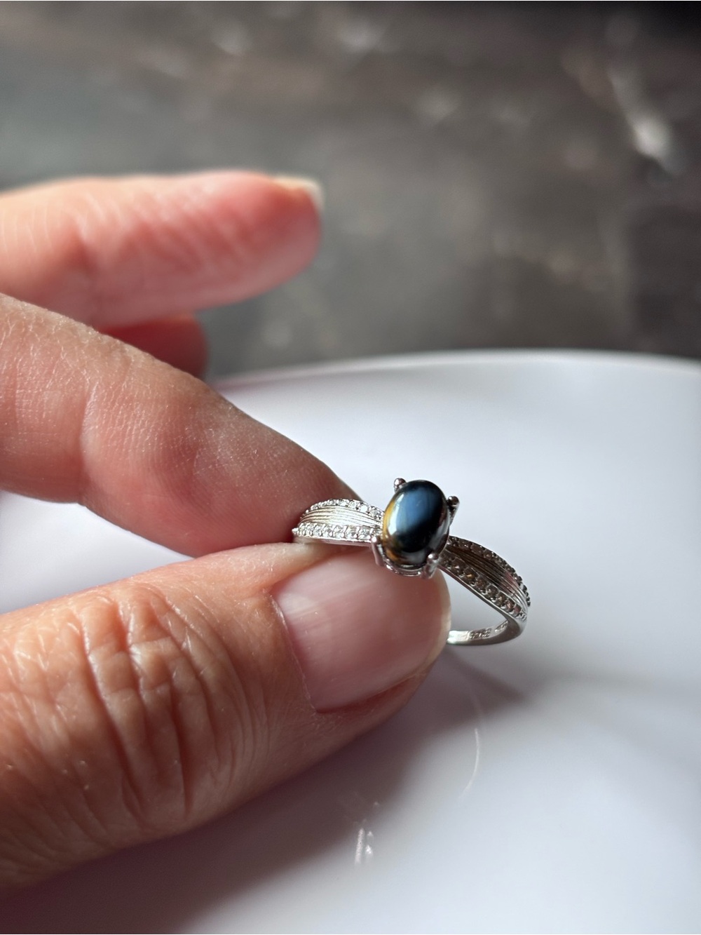 Silver Pietersite Ring with Pavé Band
